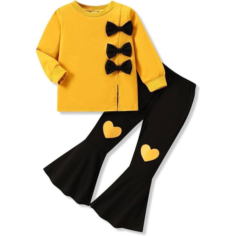 3-9 Years Kids Toddler Girl Clothes bow tie Sweatshirt Flared Pants 2Pcs Fall Wi